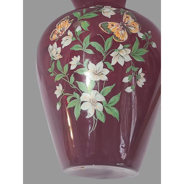 Mid 20th Century Vintage Italian Red Cranberry Glass Painted Butterfly Floral Vase For Sale - Image 5 of 6