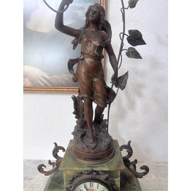 Art Nouveau Antique French Art Nouveau Ch. Ruchot “Volubilis” Onyx Figural Mantel Clock For Sale - Image 3 of 10