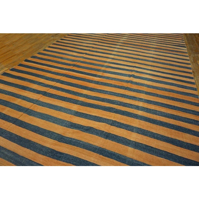 Textile 1920s Apricot Blue Stripe Antique Indian Cotton Dhurrie Carpet 9'7" X 15'3" Flatweave Wool Rug For Sale - Image 7 of 12