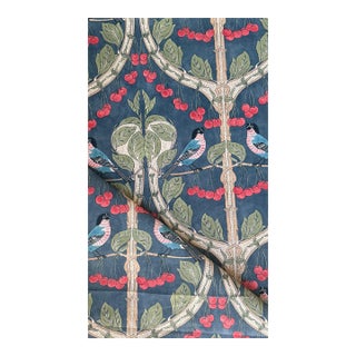 G P & J Baker Birds & Cherries Cotton Indigo Fabric 2 5/8 Yards For Sale