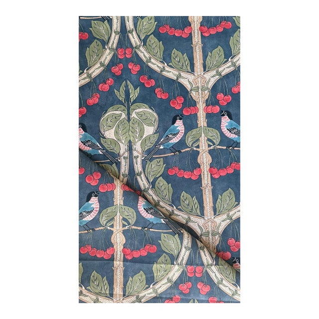 G P & J Baker Birds & Cherries Cotton Indigo Fabric 2 5/8 Yards For Sale