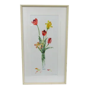 Vintage Original E. G. Bengert Watercolor Painting of Tulips in a Vase
