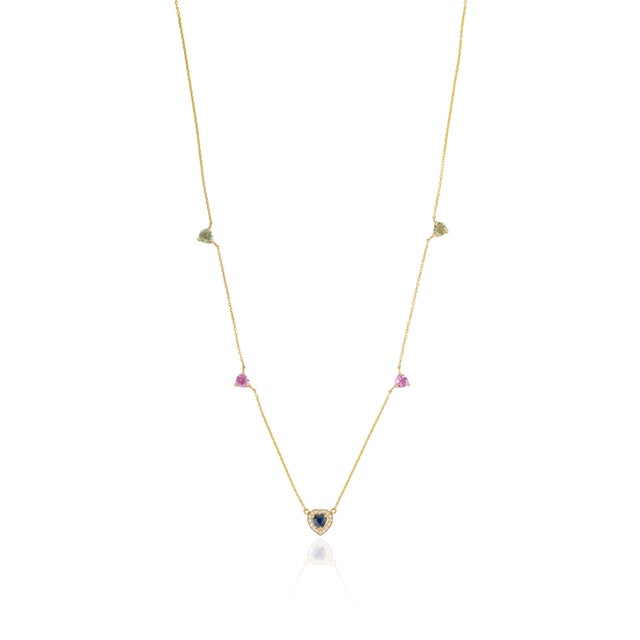 Metal 14k Gold Heart Charm Necklace With Multi Sapphire & Diamonds For Sale - Image 7 of 17