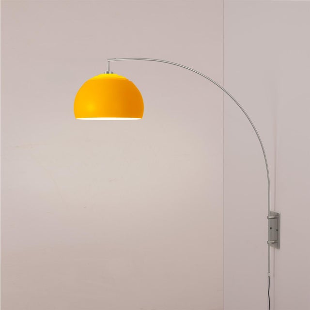 Mid-Century Modern 1960s Morelli Half Dome Wall Sconce - Modern Arc Wall Lamp, Mustard Steel Shade, Satin Nickel, Foot Slide Dimmer For Sale - Image 3 of 7