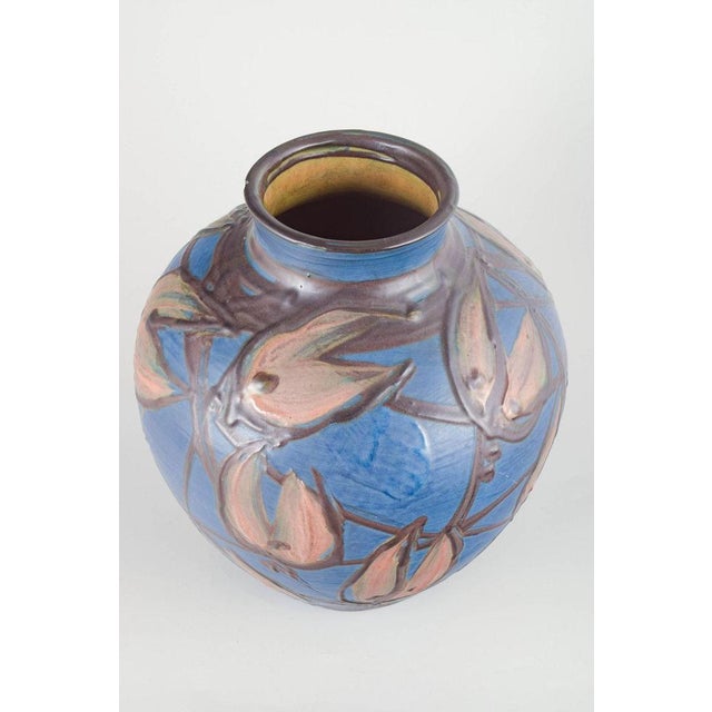 Kähler Large ceramic vase, 1930s. Large hand-thrown stoneware vase with a rich deep blue glaze and hand-painted floral...
