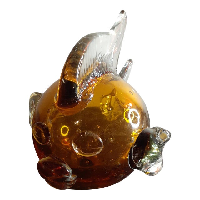 1980s Canary Yellow Hand Blown Puffer Fish Sculpture For Sale