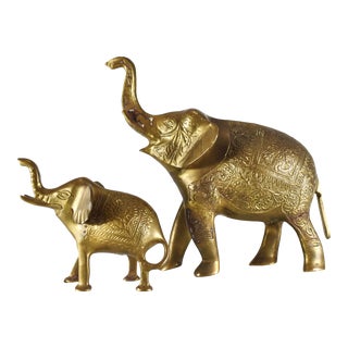 Mid 20th Century Handmade Solid Brass Lucky Trunk Up Elephant Figurines- a Pair For Sale