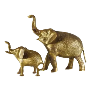 Mid 20th Century Handmade Solid Brass Lucky Trunk Up Elephant Figurines- a Pair