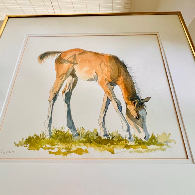 Original Signed Equestrian Watercolor Painting - Grazing Chestnut Horse Portrait, Framed and Matted For Sale - Image 10 of 11