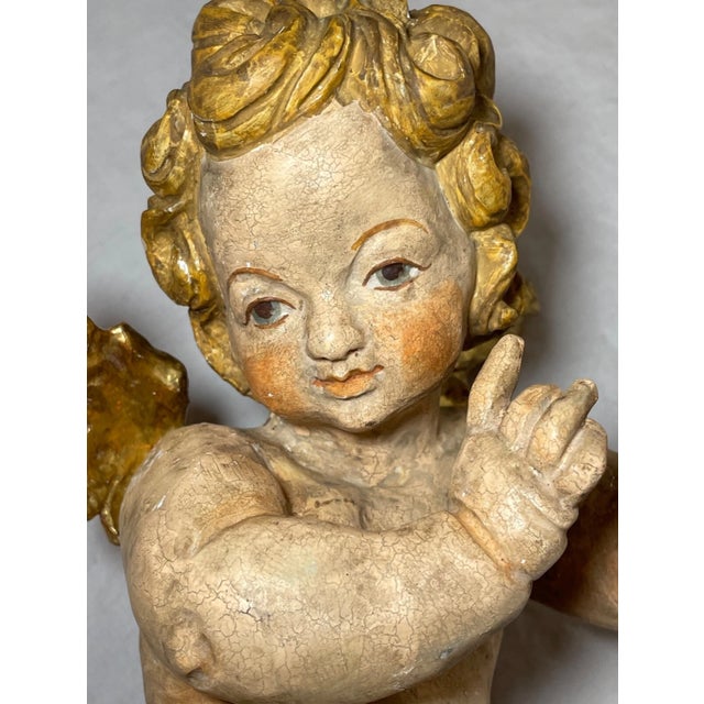 Antique 1800's Hand Carved Gilt Wood Religious Winged Cherub Sculpture Statue For Sale - Image 10 of 15