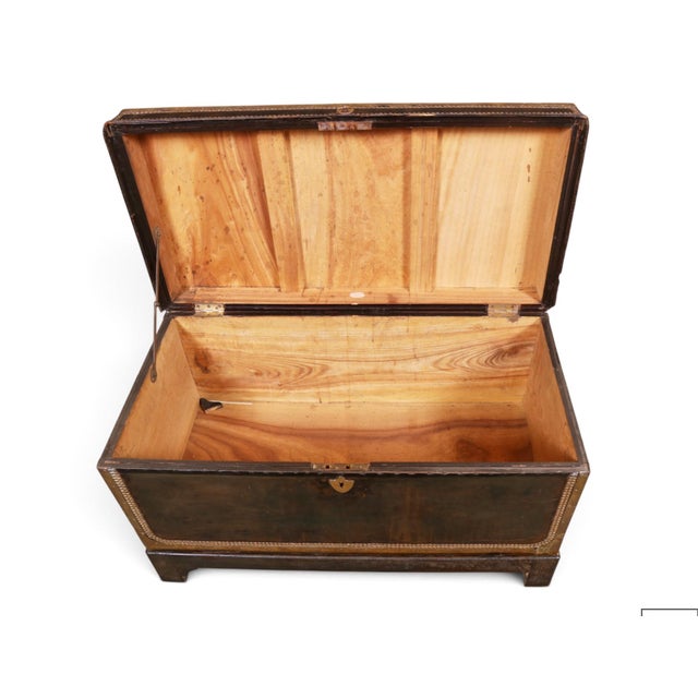 Wood Large English Military Leather Clad Campaign Trunk For Sale - Image 7 of 9