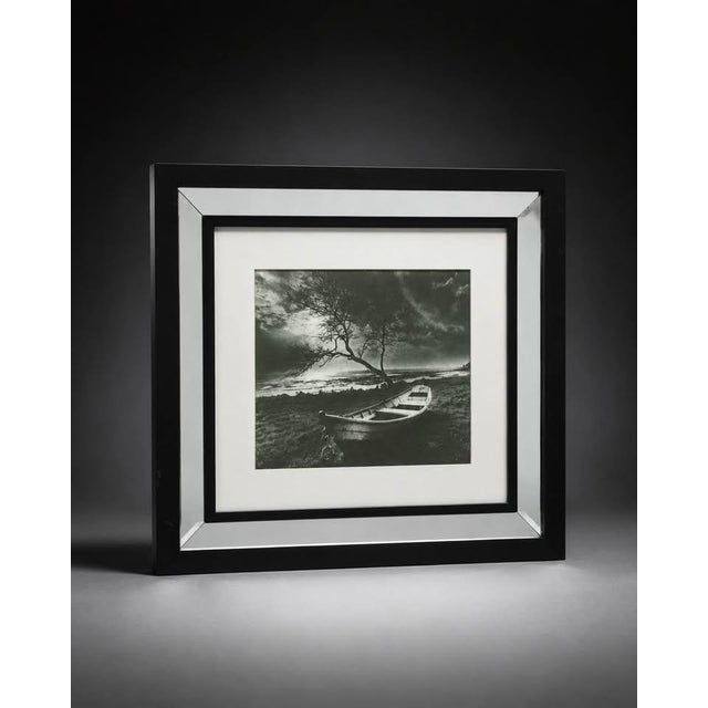 Coastal Framed Black and White Boat Photograph With Mirrored Frame For Sale - Image 3 of 5
