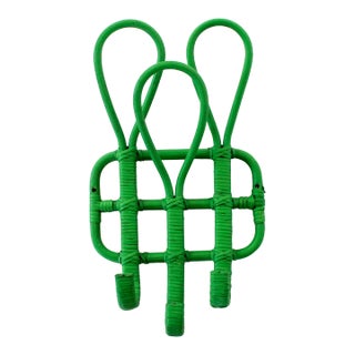 Green Mid-Century Rattan Wall Coat / Hat Rack For Sale