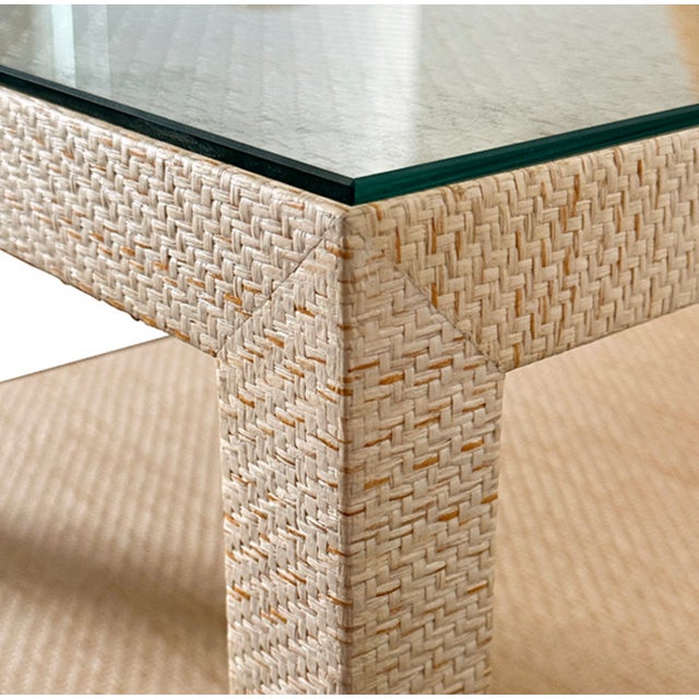 Matthew Izzo Home Douglas Natural Grasscloth Two Drawer Side Table With Open Shelf, Glass Top, and Brass Knobs For Sale In New York - Image 6 of 8