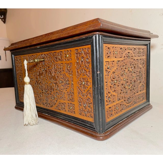 High Quality 1800's Antique Handmade Carved Wood Ornate Brass Jewelry Box Casket For Sale - Image 12 of 16