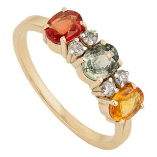 1.53 Carat Multi-Sapphire & Diamond Three-Stone Vintage 14k Gold Ring Size 5.5 For Sale