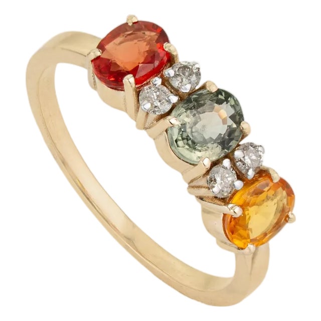 1.53 Carat Multi-Sapphire & Diamond Three-Stone Vintage 14k Gold Ring Size 5.5 For Sale