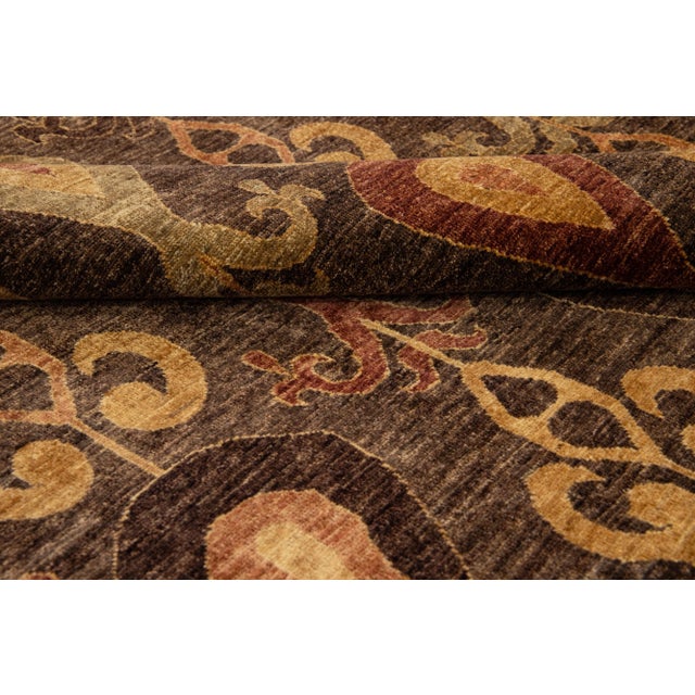Modern Brown Modern Ikat Handmade Geometric Pattern Designed Wool Rug For Sale - Image 3 of 8