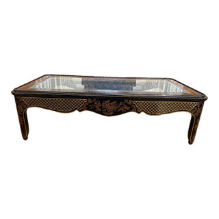 1970s Drexel Chinoiserie Black Lacquer & Burlwood Coffee Table – 56” For Sale