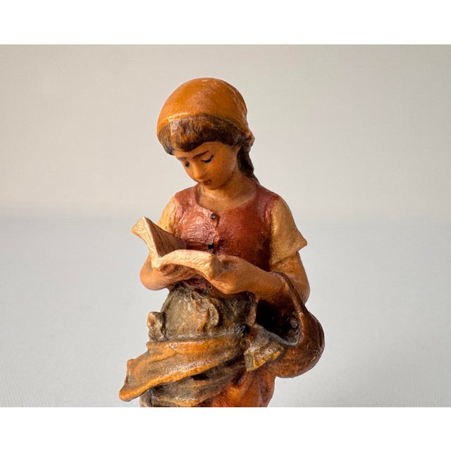 Vintage Carved Wood Reading Girl Figurine With Basket For Sale - Image 6 of 9