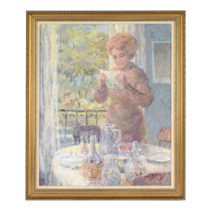 Reading a Letter by the Dinner Table - Figurative in Oil on Canvas by Edo Pratini
