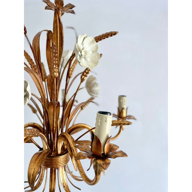 Gilt Tole Floral and Wheat Chandelier, 1960 For Sale - Image 9 of 18