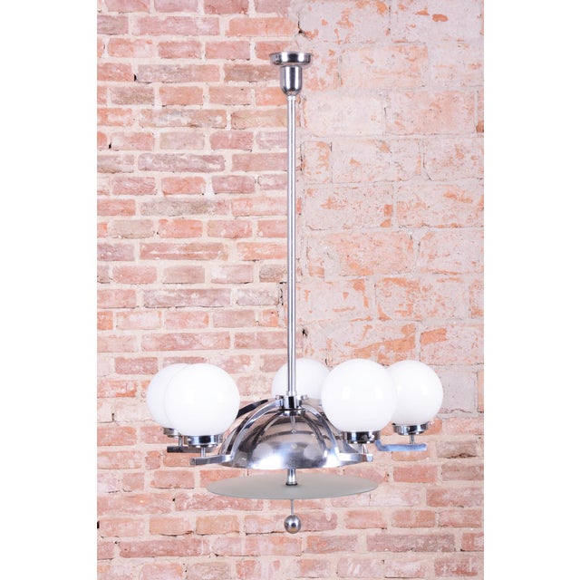 Metal Bauhaus Chandelier in Chrome-Plated Steel and Opaline Glass, Czech, 1930s For Sale - Image 7 of 11