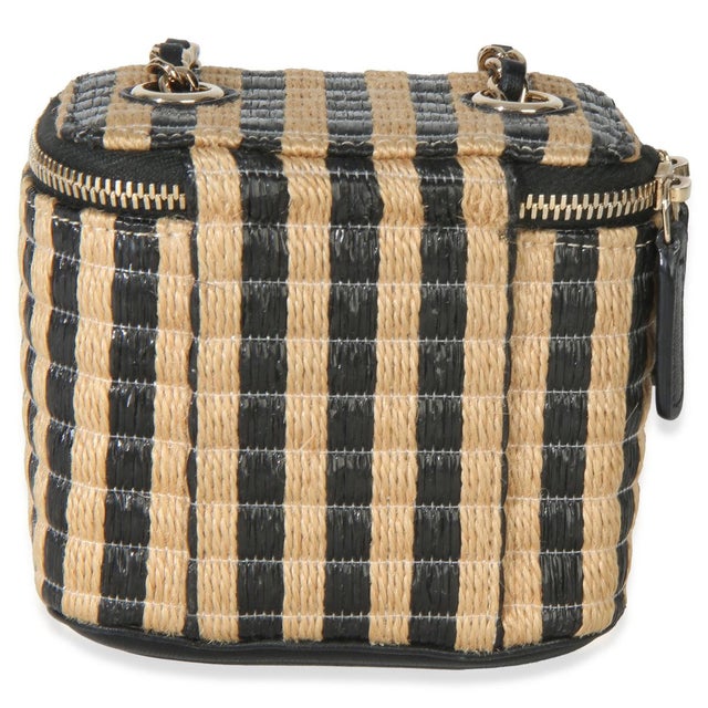 Chanel Black Beige Raffia Jute Striped Mini Vanity Case With Chain For Sale - Image 4 of 9