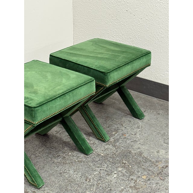 Hollywood Regency Style Green Velvet X-Base Ottoman Stools, Pair For Sale - Image 12 of 12