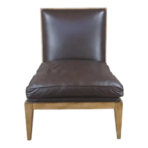 Mid 20th Century Vintage Swaim Modern Brown Leather Armless Oak Slipper Lounge Club Reading Chair