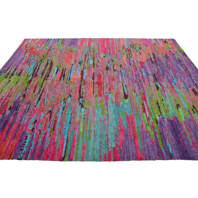 Abstract Modern Handmade Texture Wool Rug With Multicolor Field For Sale - Image 4 of 9