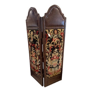 Embossed Leather and Needlepoint 2 Panel Screen For Sale