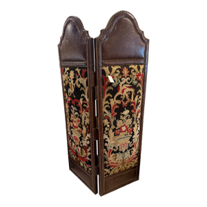 Embossed Leather and Needlepoint 2 Panel Screen