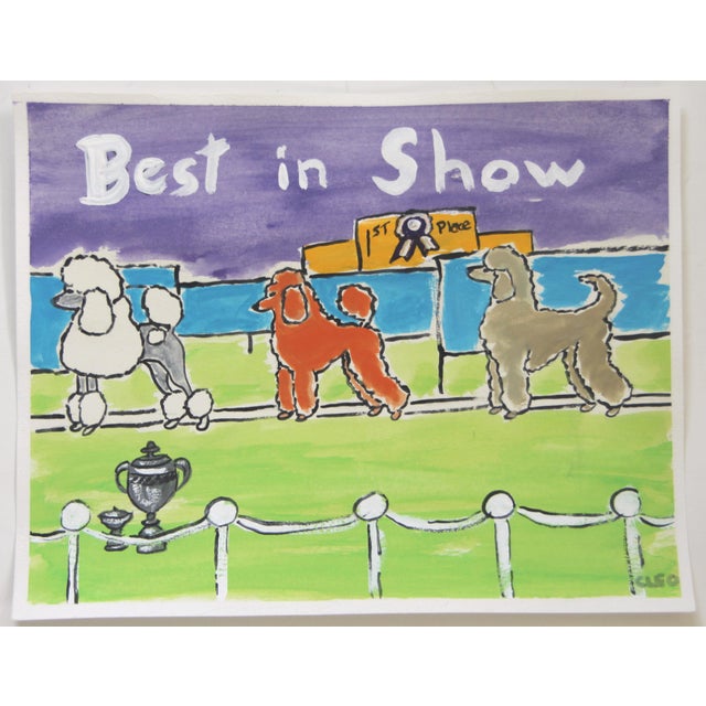 Americana interior a la Matisse, with poodles at a dog show. Blue, green, beige, yellow, green gray and black....