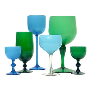 Mixed Blue & Green Cased Glass Stemware Curation - Group of 6 For Sale