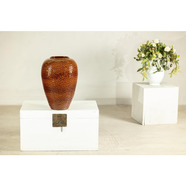 Artisan Large Honeycomb-Textured Ceramic Vase in Warm Amber Glaze For Sale - Image 18 of 18