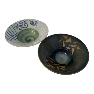 Vintage Studio Art Wide Rim Japanese Stoneware Bowls, a Pair