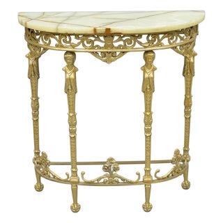 Antique Gothic Revival Oscar Bach Style Figural Bronze & Onyx Gold Console Table For Sale