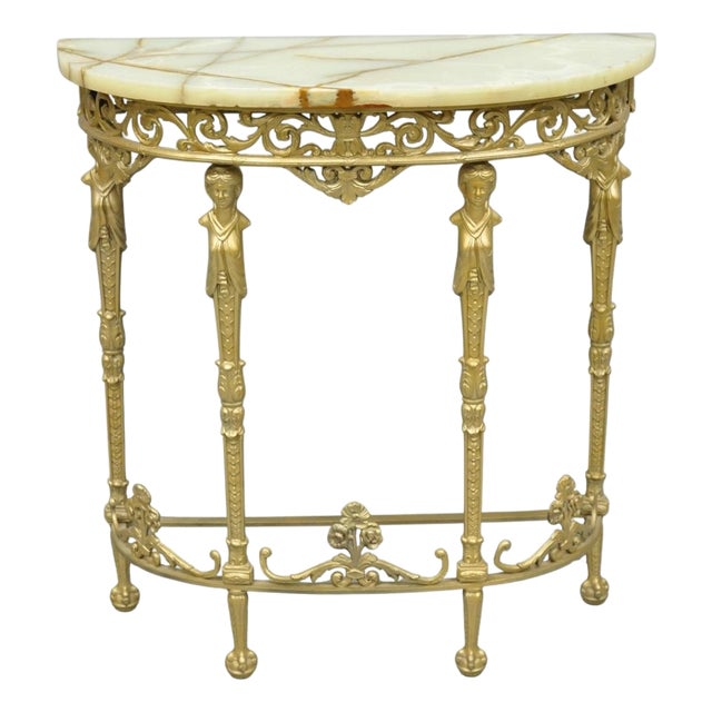 Antique Gothic Revival Oscar Bach Style Figural Bronze & Onyx Gold Console Table For Sale