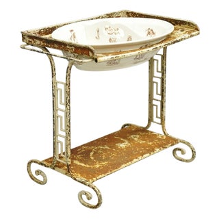 Antique French Victorian Child's Wrought Iron Wash Stand W/ K&g Luneville Basin For Sale