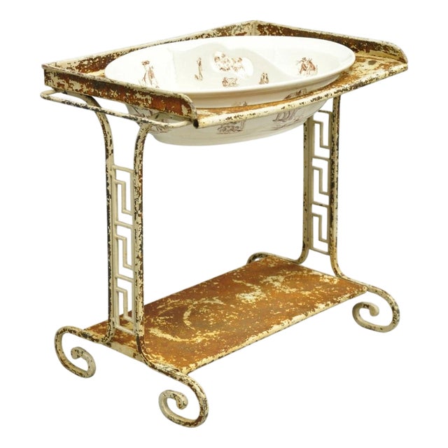 Antique French Victorian Child's Wrought Iron Wash Stand W/ K&g Luneville Basin For Sale