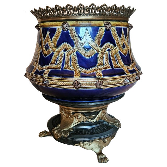Large Barbotine and Bronze Cache Pot For Sale