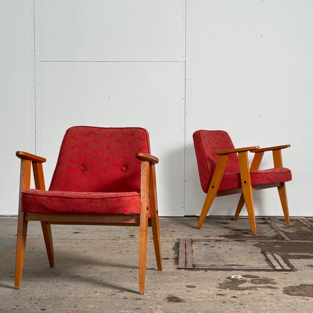 Original pair of type 366 armchairs designed by józef chierowski in the 1960s. Structurally solid and still usable, but be...