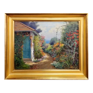 William Constable Adam- the Flower Garden W/Ocean View-1920s Oil Painting