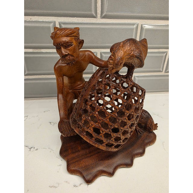 Realism Mid-Century Balinese Teak Cockfighter With Double-Rooster Openwork Cage Sculpture For Sale - Image 3 of 12