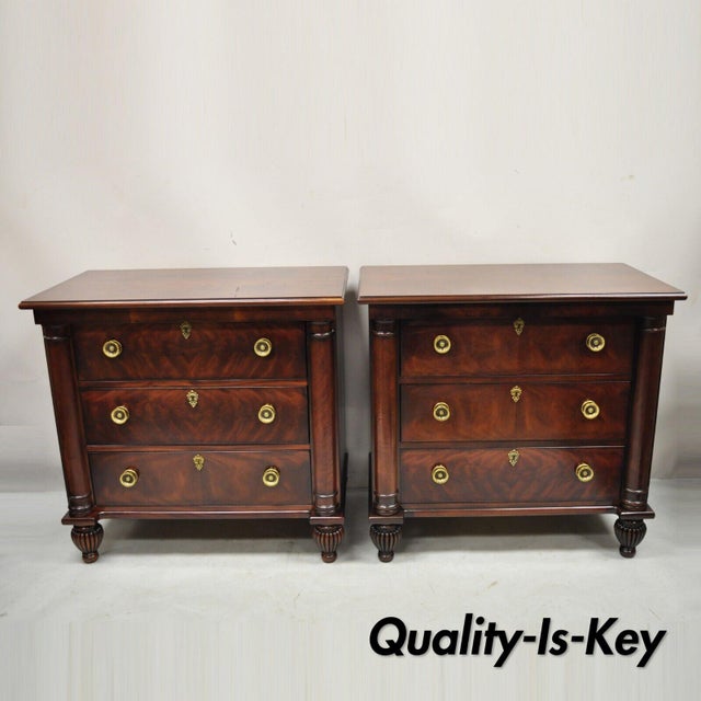 Henredon French Empire Neoclassical Style Mahogany 3 Drawer Nightstands