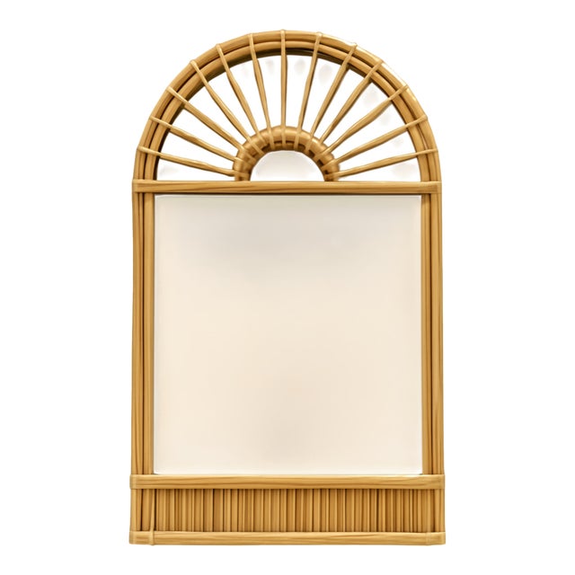 Vintage Boho Arched Rattan Mirror For Sale