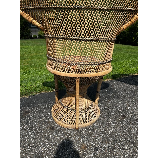 1970s This Pair of Vintage 1970s Boho Wicker and Rattan Peacock Chairs Features High, Dramatic Fan Backs and Hourglass Pedestal Bases. For Sale - Image 5 of 12