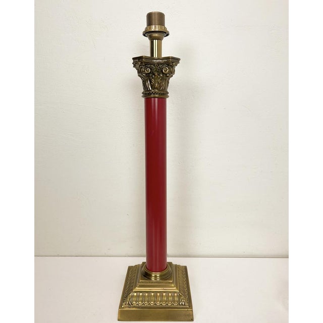 Large Brass and Red Lacqued Corinthian Column Table Lamp, 1970s For Sale - Image 14 of 14