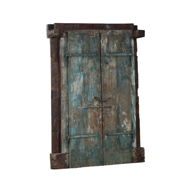 Green Antique Indian Carved and Painted Teakwood “Krishna” Door + Frame For Sale - Image 8 of 8